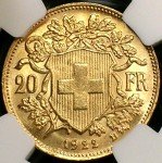 1922B Switzerland Gold 20 Francs Coin MS-66+