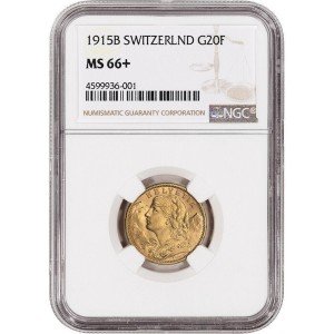 1915B Switzerland Gold 20 Franc Coin NGC MS-66+