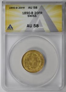 1890-B Swiss Gold 20 Francs Coin AU58