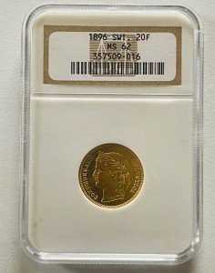 1896 Swiss Gold 20 Franc Coin NGC MS 62