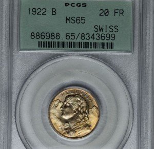 1922-B Swiss 20 Franc Gold Coin MS65