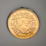 1947 Swiss Gold 20 Franc Helvetia Coin