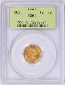 1903 Liberty Head Quarter Eagle Gold Coin MS61