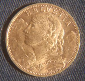 1927 Swiss Helvetia 20 Francs Gold Coin