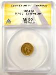 1854 Type 2 Indian Gold Dollar - ANACS AU50