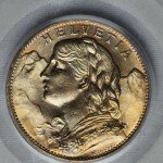 1922-B Swiss 20 Franc Gold Coin MS65