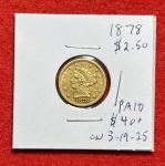 1878 Liberty Head Gold Quarter Eagle Coin