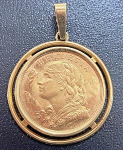 1930-B Swiss 20 Francs Helvetia Gold Coin Pendant