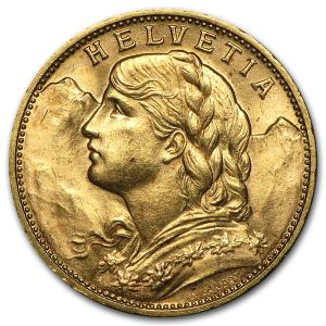 Swiss Gold 20 Francs Helvetia Coin (1897-1949)