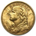 Swiss Gold 20 Francs Helvetia Coin (1897-1949)