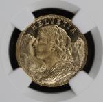 1930-B Switzerland Gold 20 Francs NGC MS65