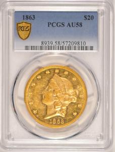 1863 $20 Liberty Double Eagle Gold Coin AU-58