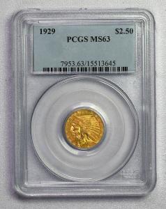 1929 Indian Gold Quarter Eagle $2.50 Coin MS63