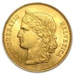 Switzerland Gold 20 Francs Helvetica 1883-1896