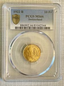 1922 Switzerland 10 Francs Gold Coin PCGS MS66