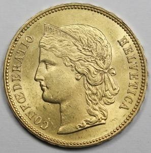1896 Switzerland 20 Franc Gold Coin BU+