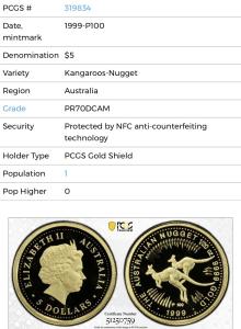 1999 Australia $5 Gold Proof Kangaroo Coin PR70