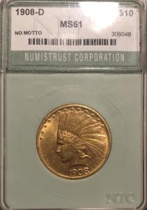 1908 D Indian Head Eagle Gold Coin $10 MS61