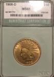 1908 D Indian Head Eagle Gold Coin $10 MS61