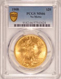 1908 $20 Saint Gaudens Gold Double Eagle Coin