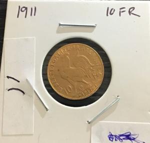 1911 French 10 Francs Gold Rooster Coin
