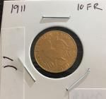 1911 French 10 Francs Gold Rooster Coin