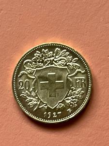 1927 Swiss Helvetia 20 Francs Gold Coin