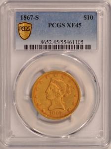 1867-S $10 Gold Liberty Eagle Coin XF45