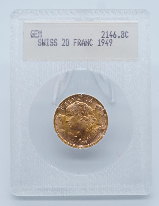 1949 B Swiss Gold 20 Franc Gem Coin