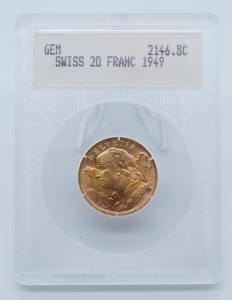 1949 B Swiss Gold 20 Franc Gem Coin