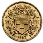 1927-B Swiss Gold 20 Franc Helvetia Coin