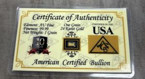 1 Grain .999 Fine 24k Gold Bar with COA