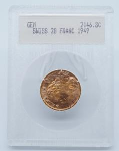 1949 B Swiss Gold 20 Franc Coin in Holder