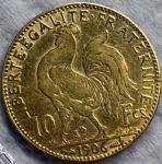 1906 France Gold 10 Francs Rooster Coin