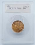1949 B Swiss Gold 20 Franc Coin in Holder