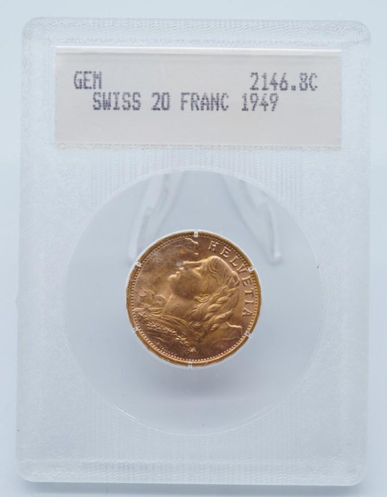1949 Swiss Gold 20 Franc Coin in Holder