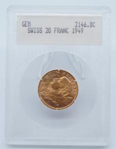 1949 Swiss Gold 20 Franc Coin in Holder
