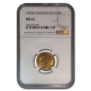 1922 B Switzerland Gold 10 Franc Coin MS-62