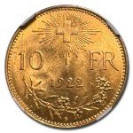 1922 B Switzerland Gold 10 Franc Coin MS-62