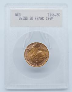 1949 B Swiss Gold 20 Franc in Blanchard Holder