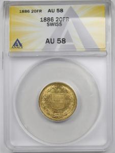 1886 Swiss Gold 20 Francs Coin ANACS AU 58