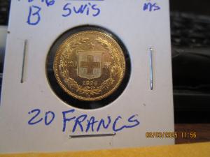 1896 B Swiss 20 Franc Gold Coin