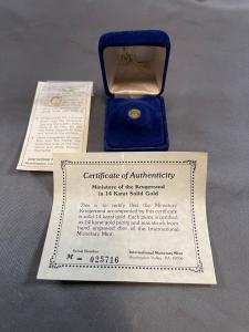 14k Gold Miniature Krugerrand with COA and Box