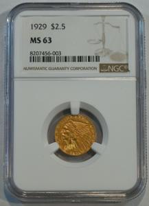 1929 Indian Gold Quarter Eagle $2.50 Coin MS63