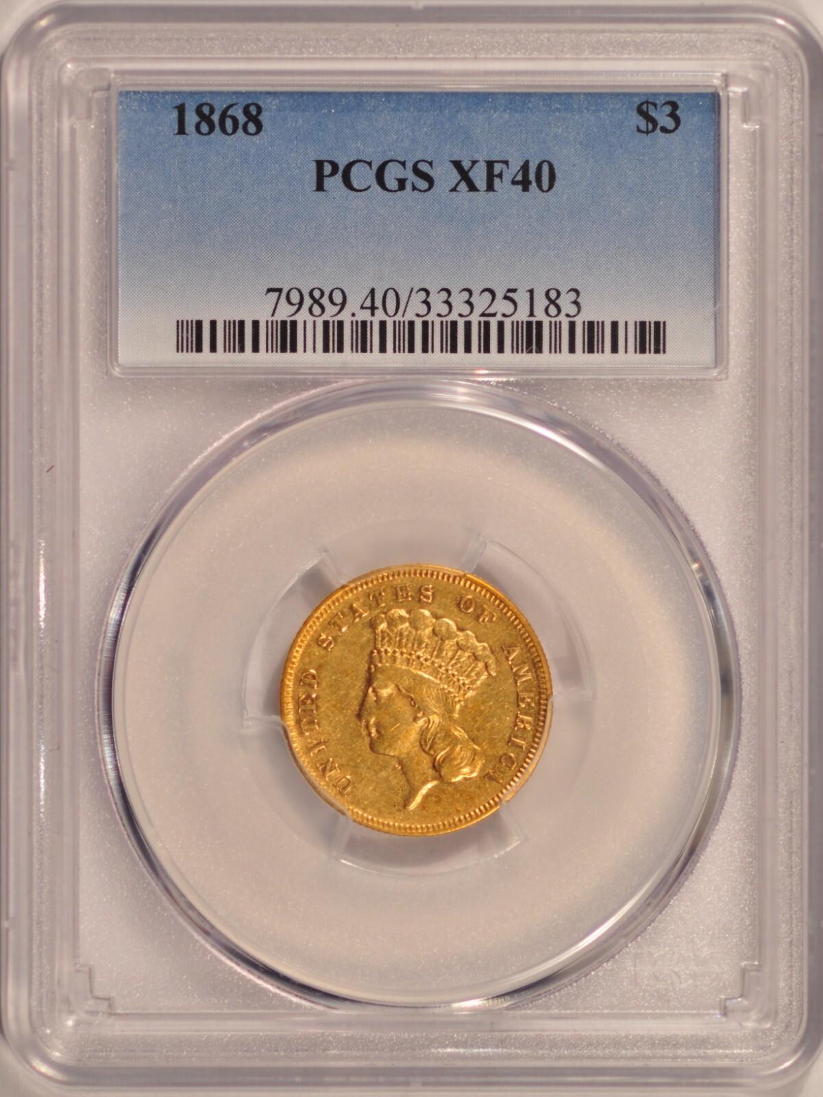 1868 $3 Indian Princess Gold Coin PCGS XF40