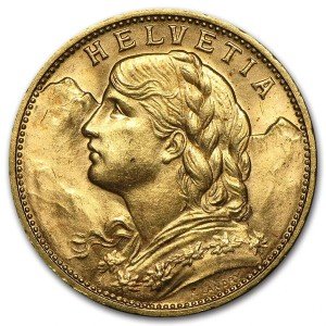 Swiss Gold 20 Francs Helvetia Coin (1897-1949)
