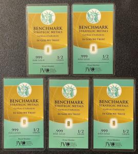 5 Pack of 24K Pure Gold 1/2 Grain Bars