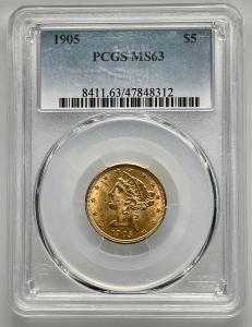 1905 $5 Liberty Gold Half Eagle Coin MS63