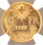 1922 Switzerland 10 Franc Gold Coin NGC 66