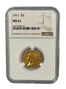 1911 $5 Indian Head Gold Coin - NGC MS 61